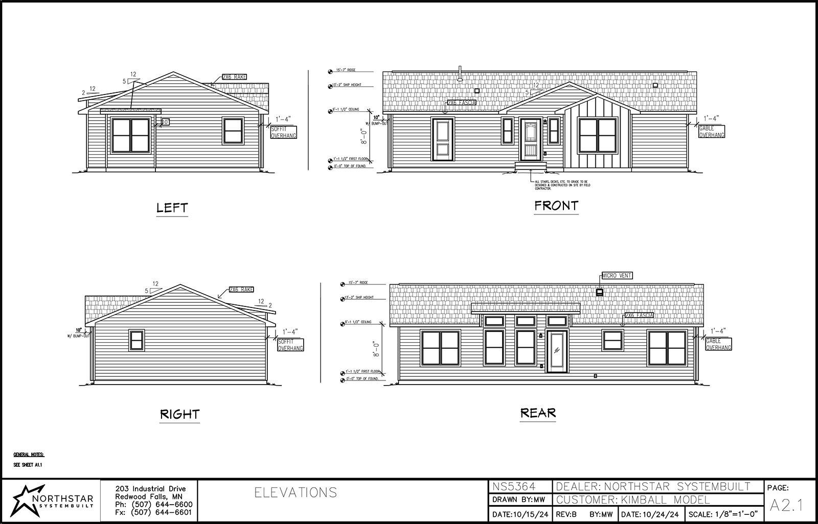 Architectural house elevations: front, back, and side views with windows, doors, and roof details.