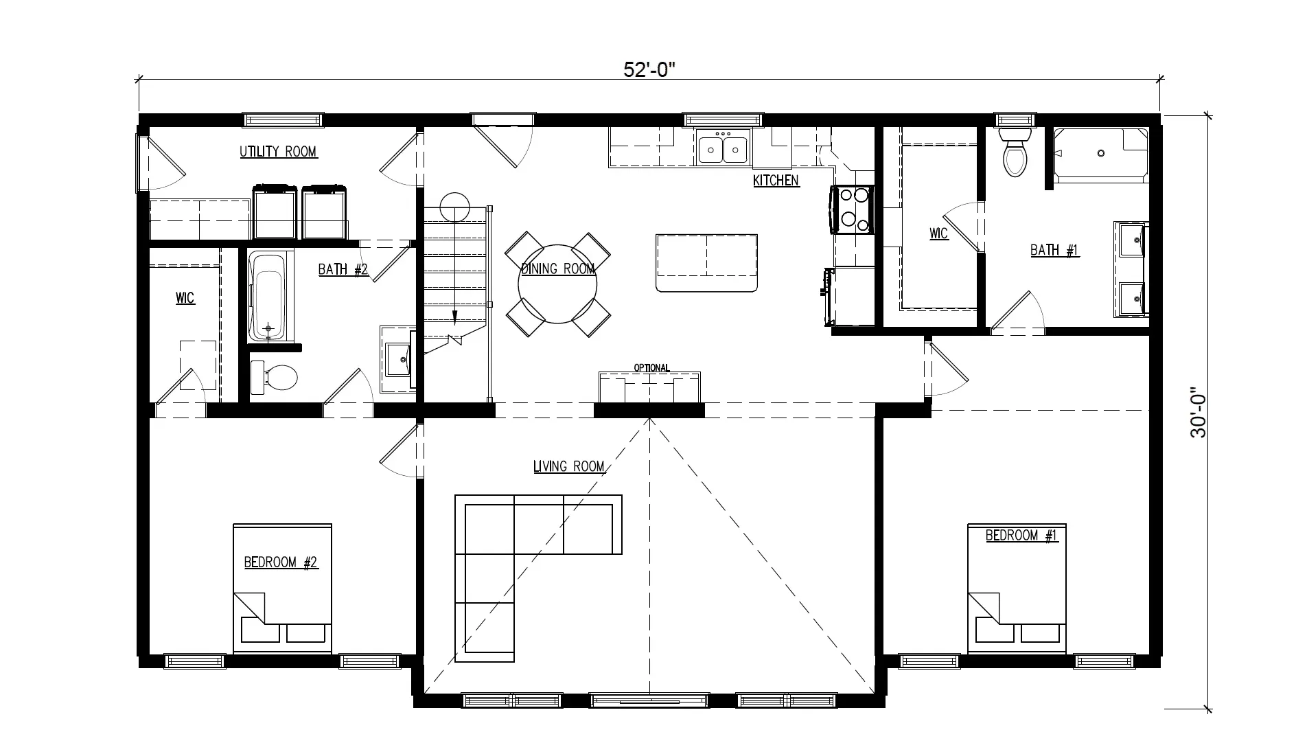 Floor plan of a house with bedrooms, living room, kitchen, bathrooms, and stairs, viewed from above.