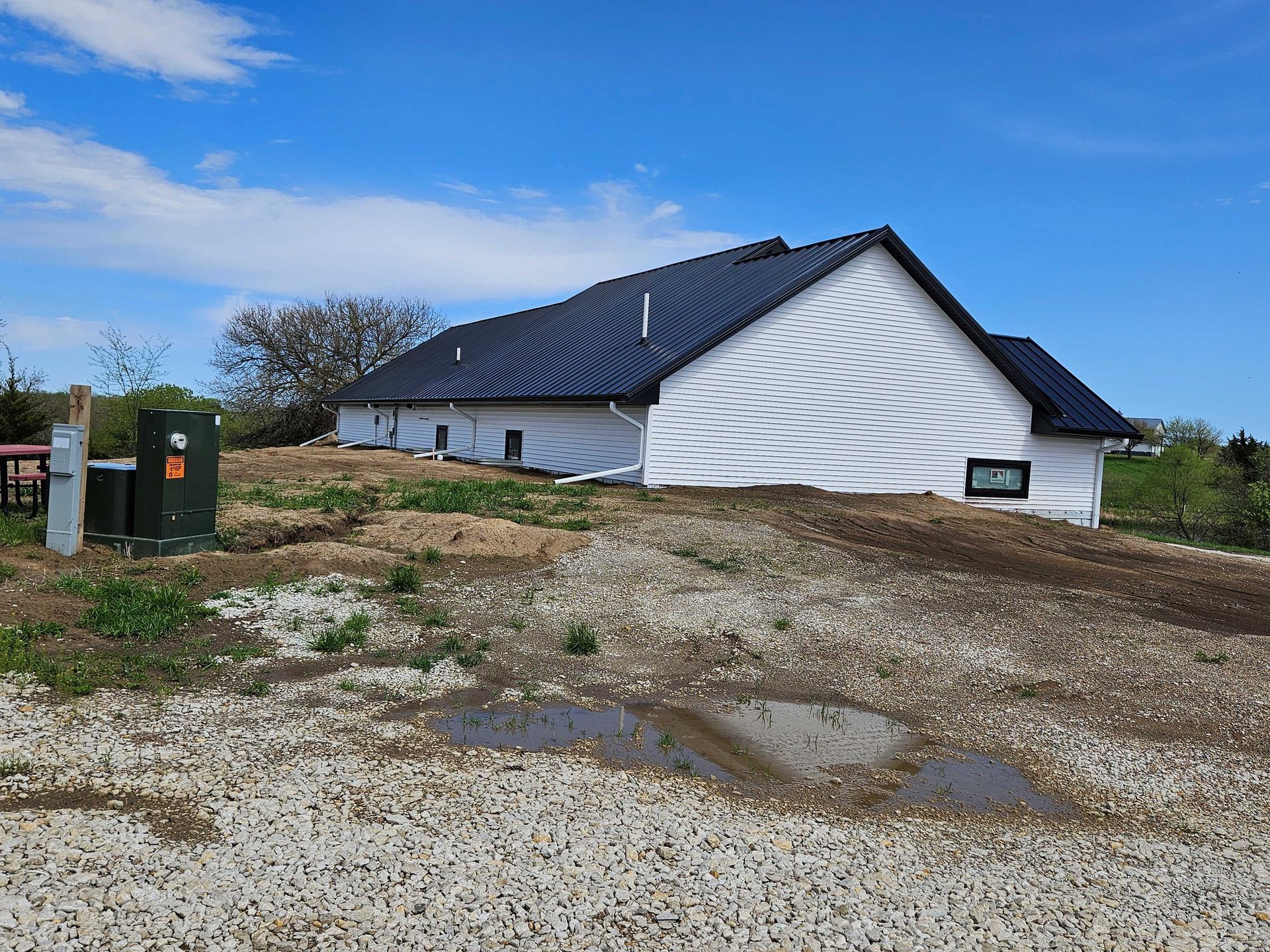 New house under construction, with dark roof, white siding, on a gravel lot under a blue sky.
