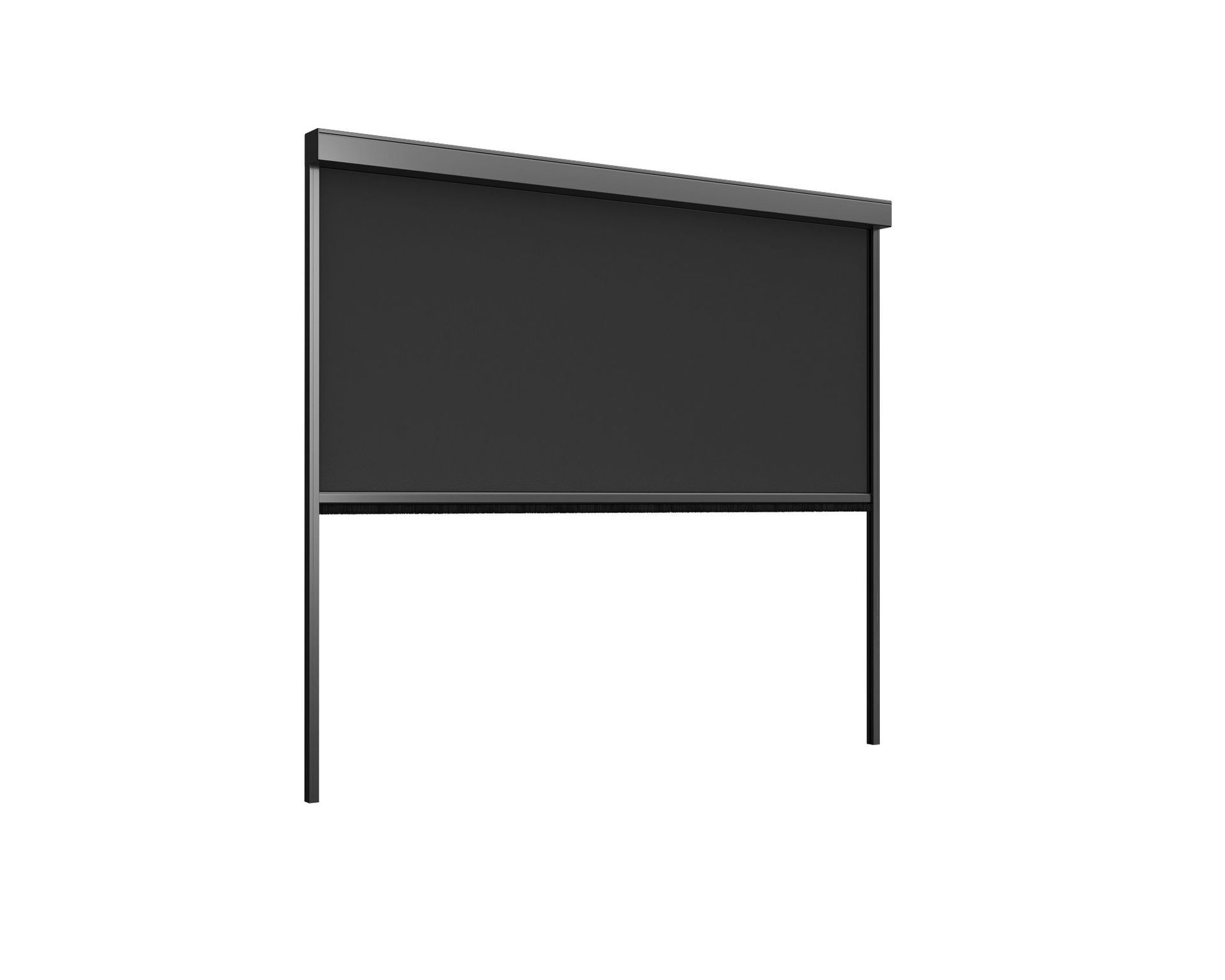 Black outdoor roller shade on black supports.