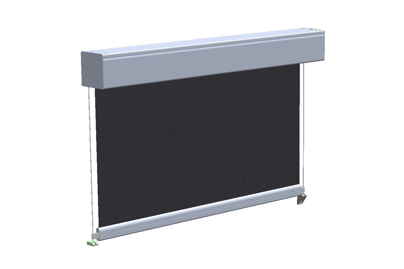 Black window shade, rolled down. Silver top and bottom rails with a grey box above.