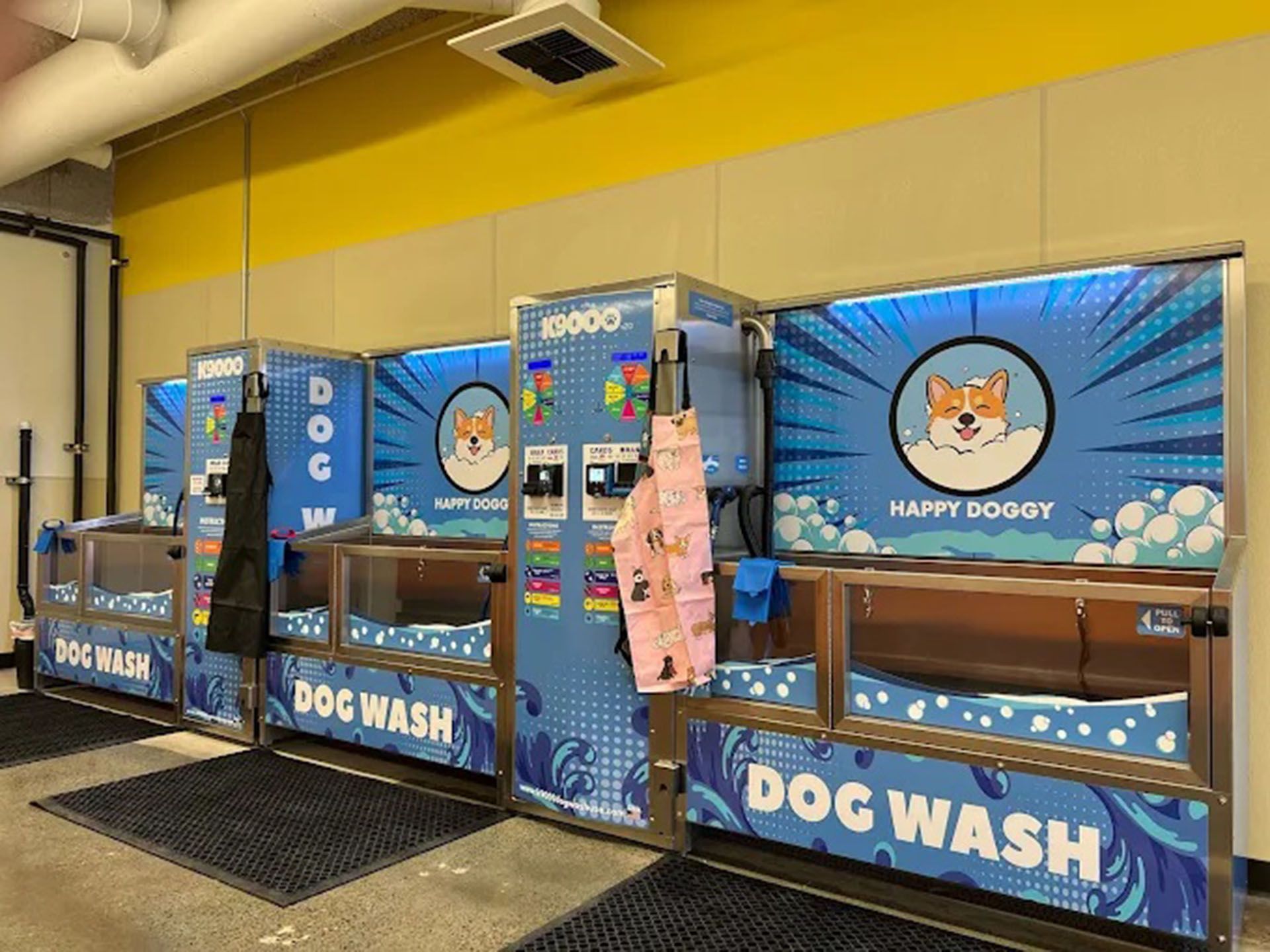 A row of dog wash machines are lined up in a room