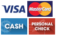 Visa, Mastercard, Cash and Personal Check