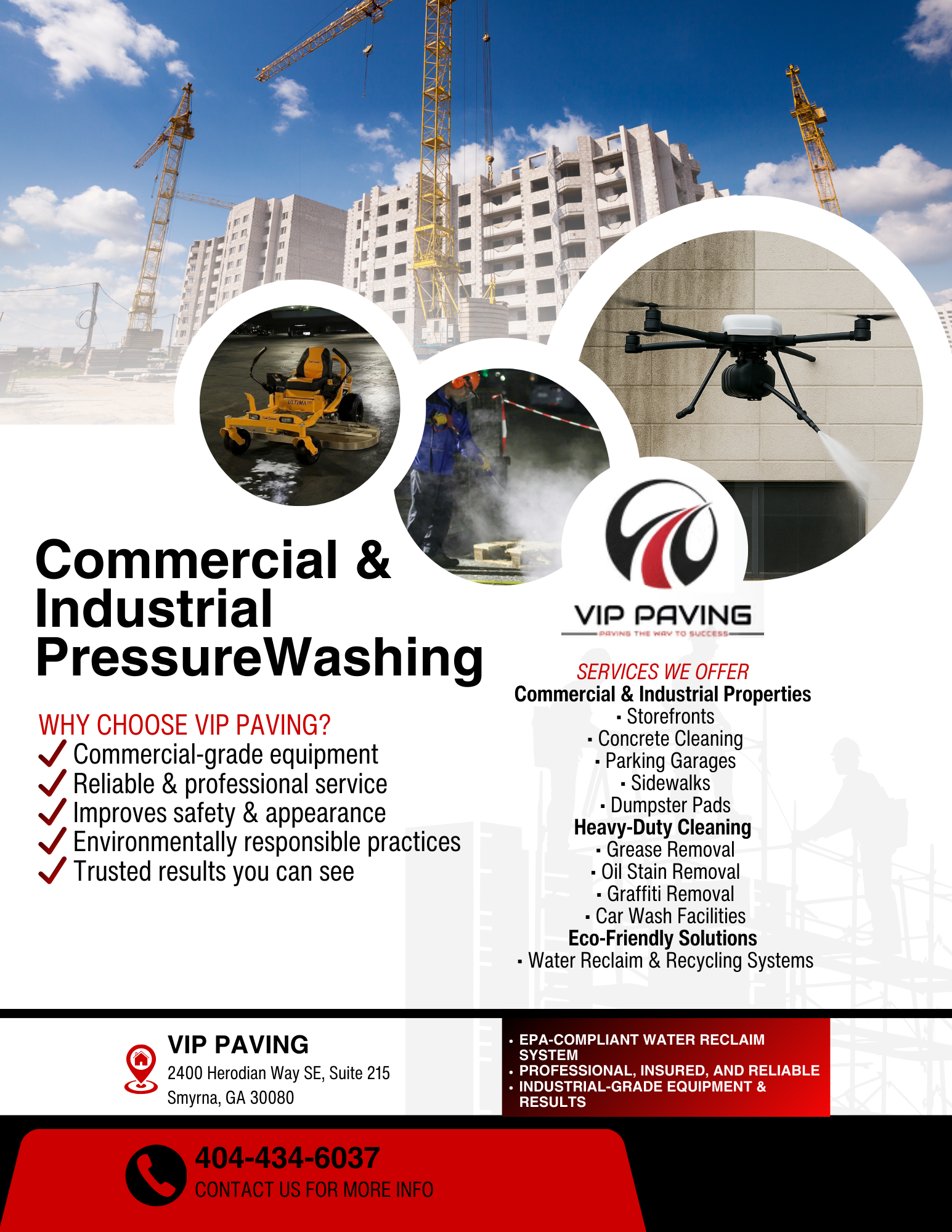 Marketing flyer for VIP Paving's commercial and industrial pressure washing services, listing benefits and contact info.