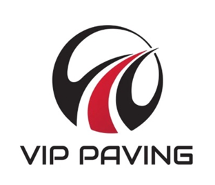 Logo for VIP Paving: black circle with a red and white road curving through it; the company name is below.