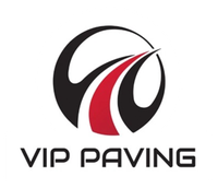 Logo for VIP Paving: black circle with a red and white road curving through it; the company name is below.