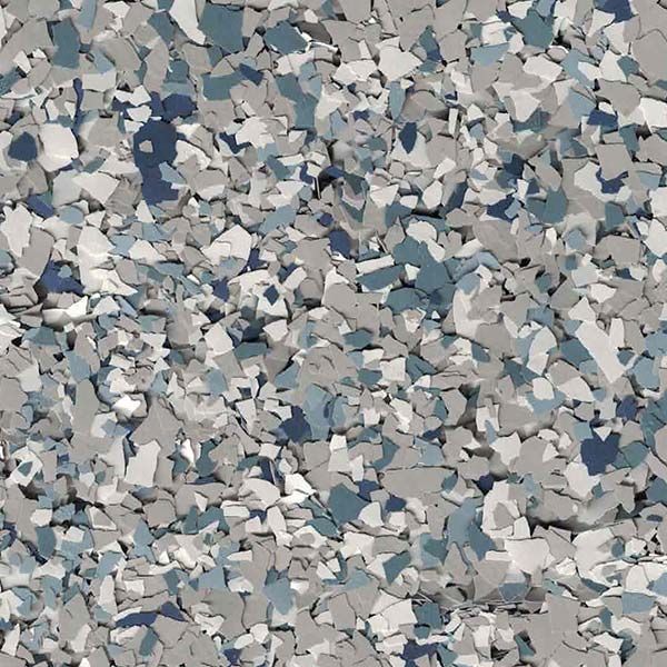 Floor coating with blue, gray, and white flecks.  The pattern is dense, creating a textured, speckled appearance.