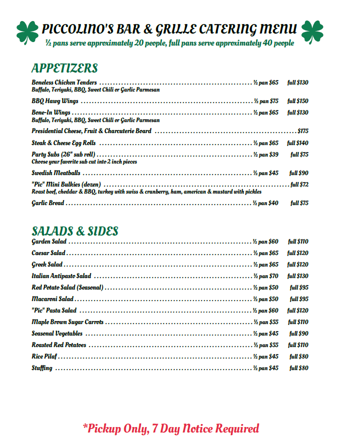 A menu for piccolito 's bar and grill catering menu