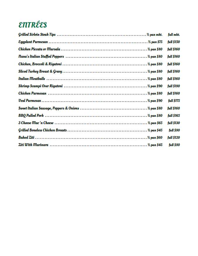 A menu for piccolito 's bar and grill catering menu