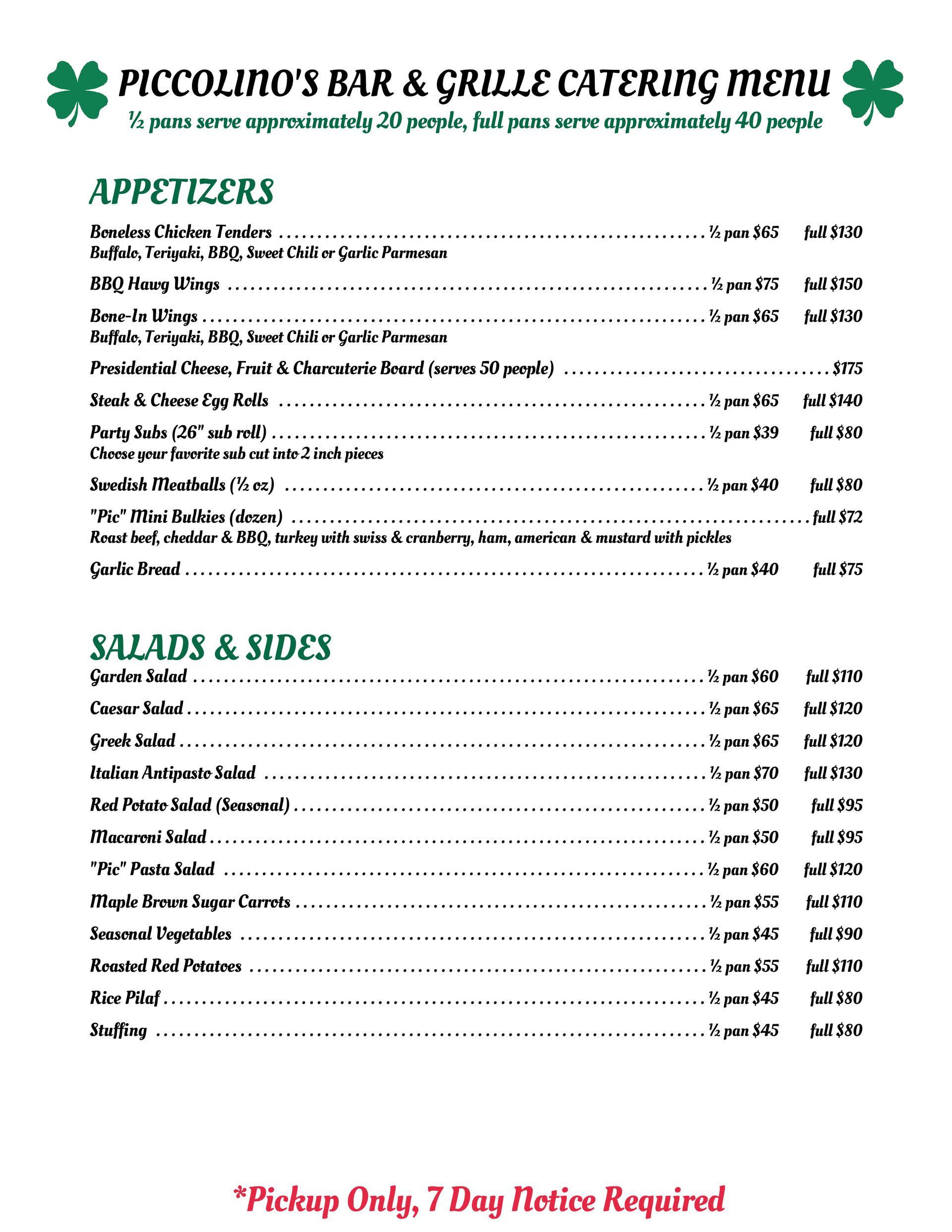 Piccolino's Bar and Grille Catering Menu