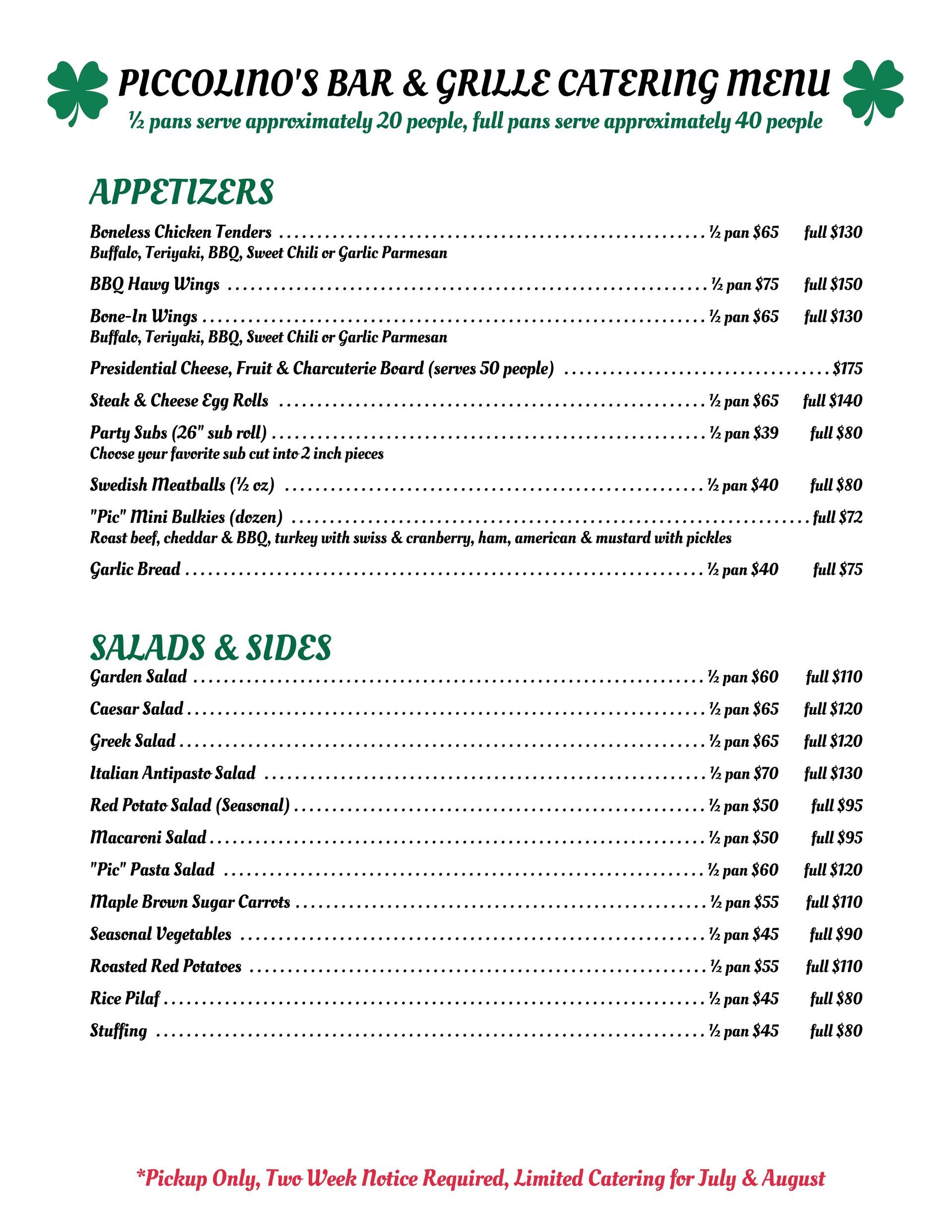 Piccolino's Bar and Grille Catering Menu