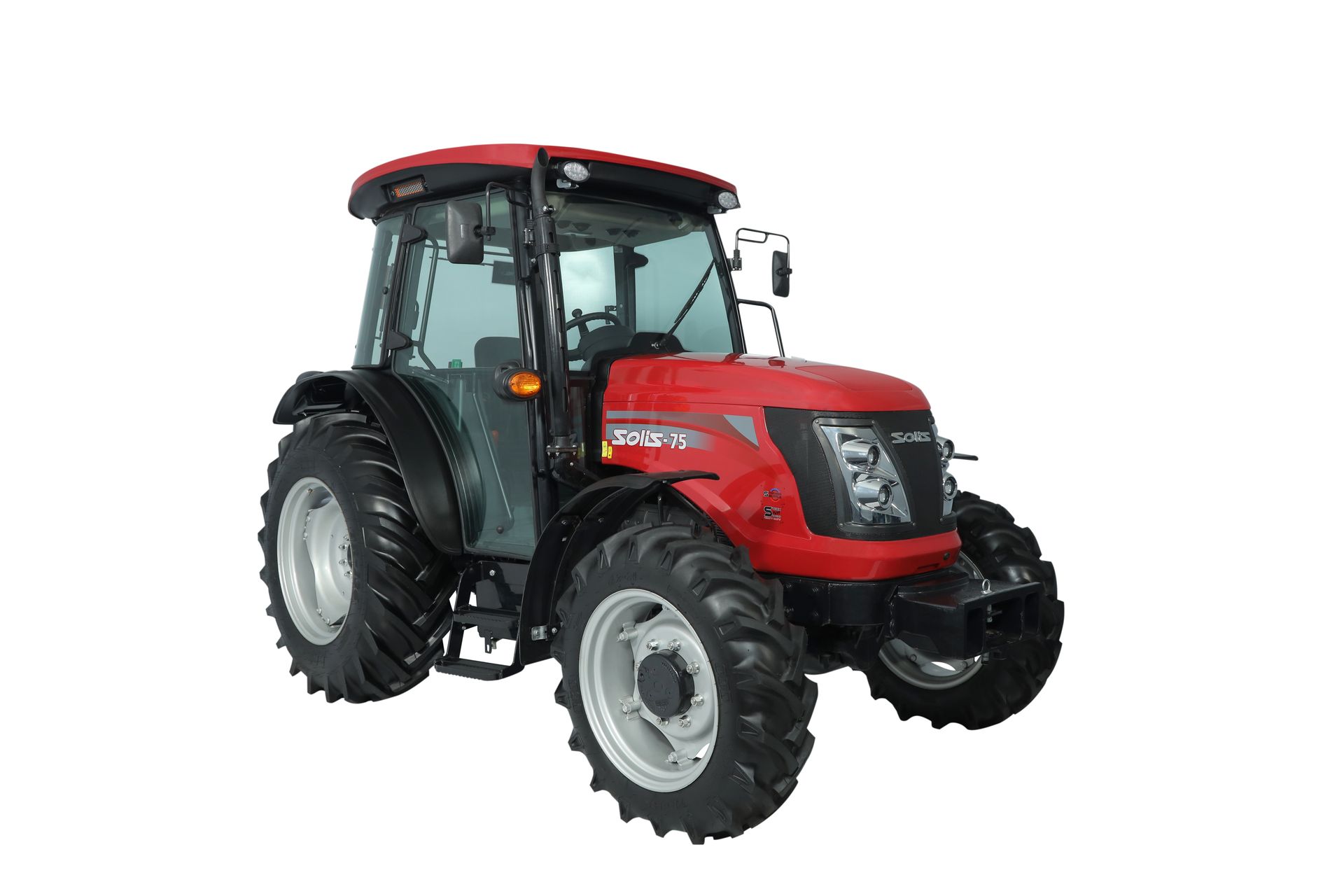 Red tractor with a cab, parked on a white background.