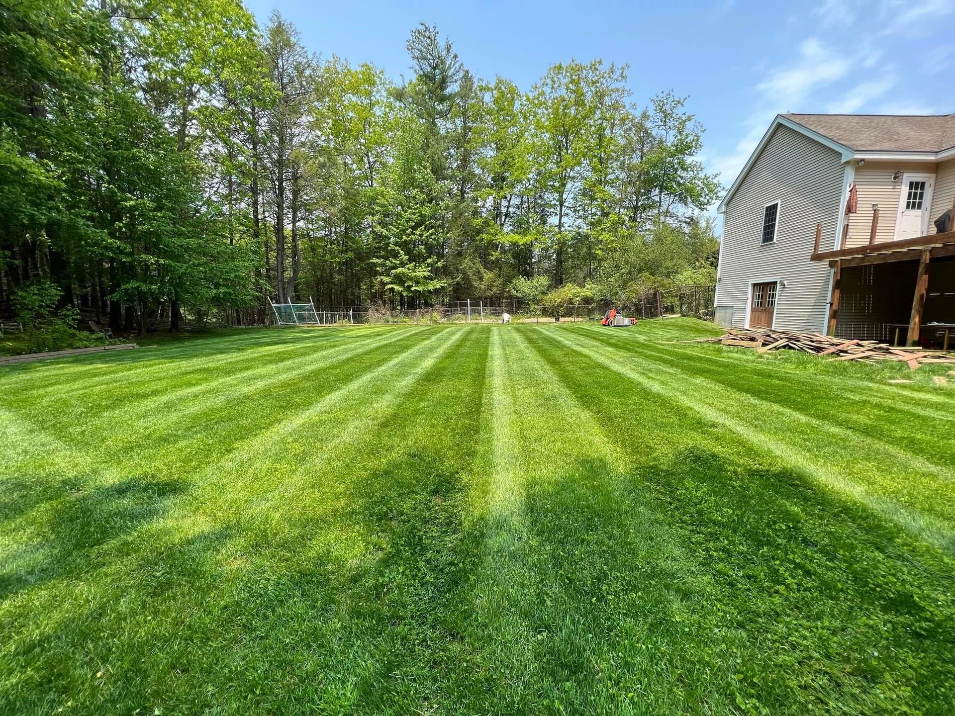 Green lawn with striped mowing pattern, next to a house and trees under a blue sky.