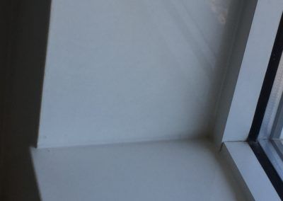 A close up of a window sill in a room with a white wall.