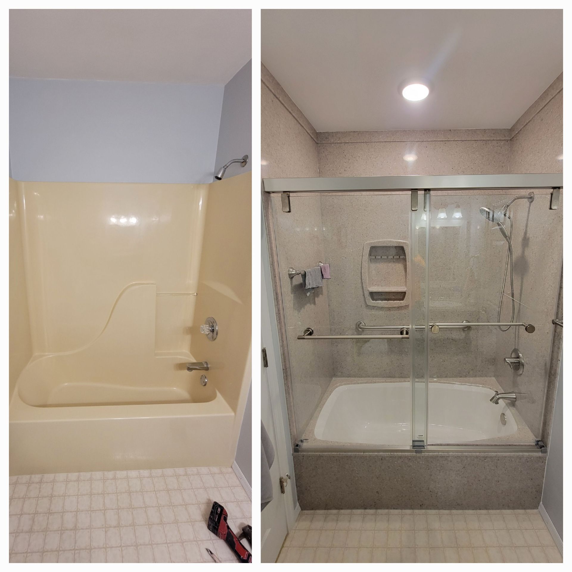 A before and after picture of a bathroom with a tub and shower.