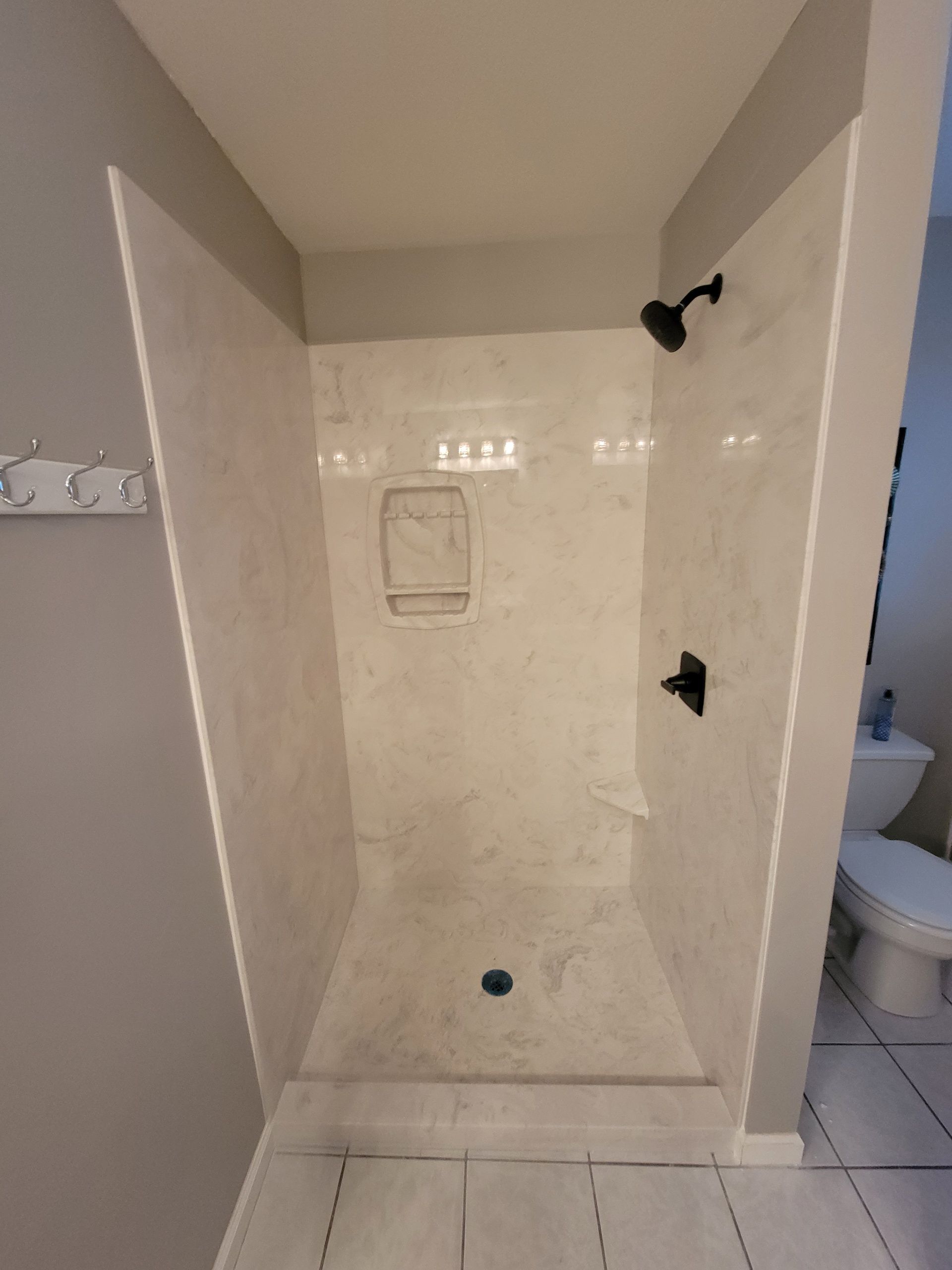 A bathroom with a walk in shower and a toilet.