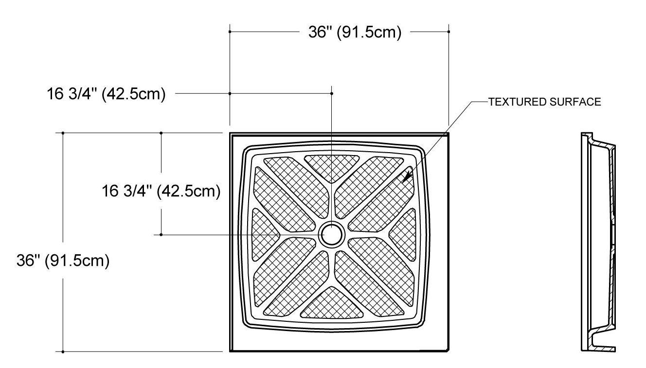 A black and white drawing of a shower stall with measurements.