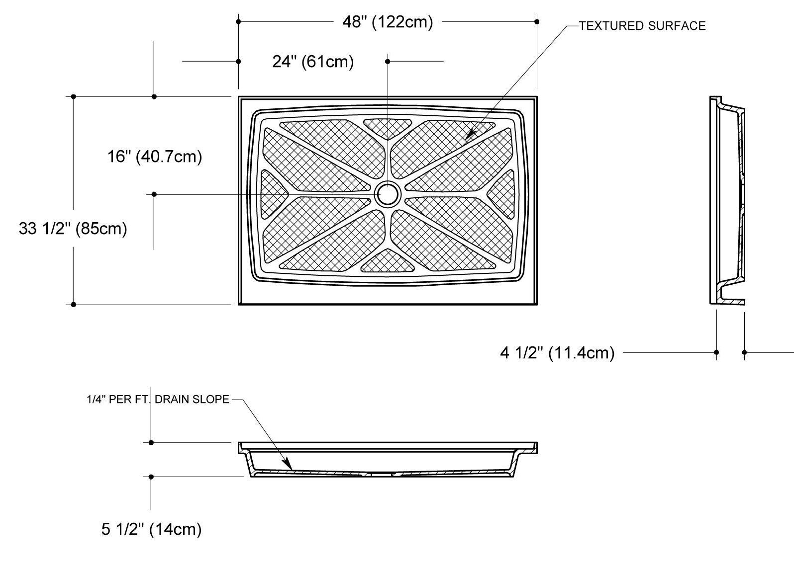 A black and white drawing of a tray with measurements on a white background.