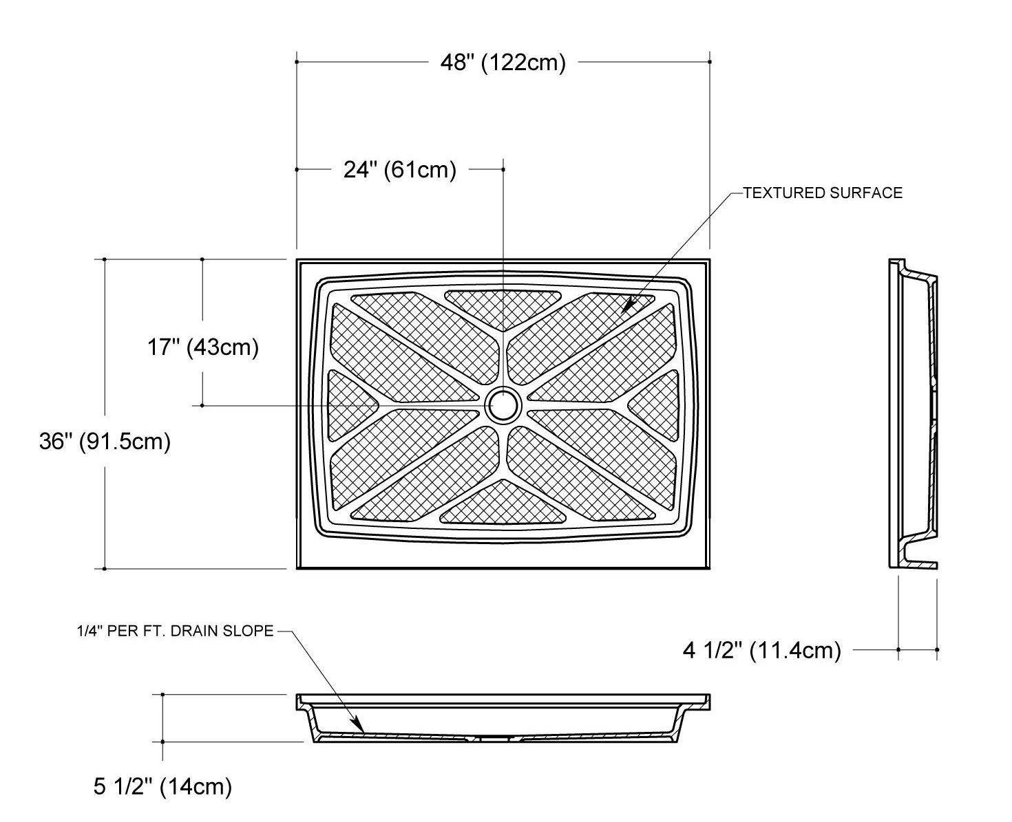 A black and white drawing of a ceiling fan with measurements.