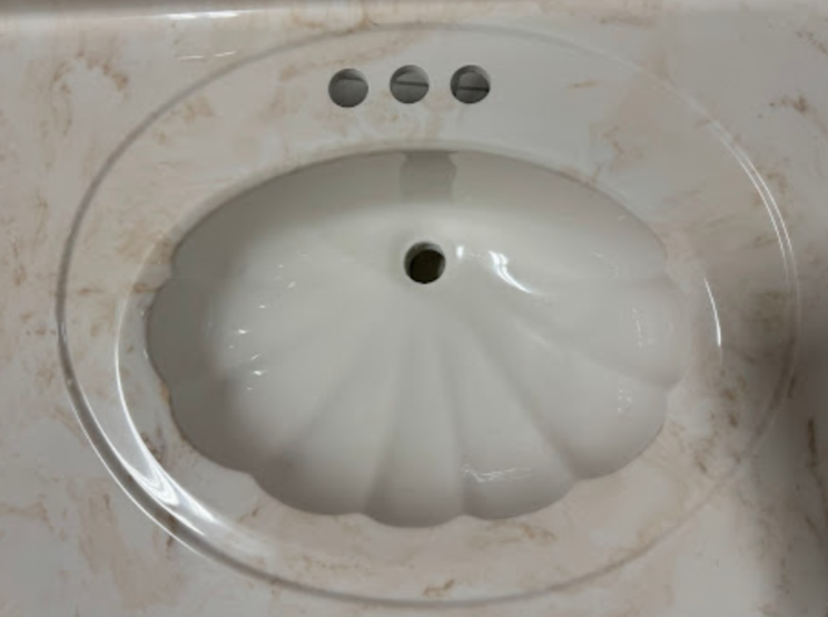 A bathroom sink with a shell shaped bowl and three faucets