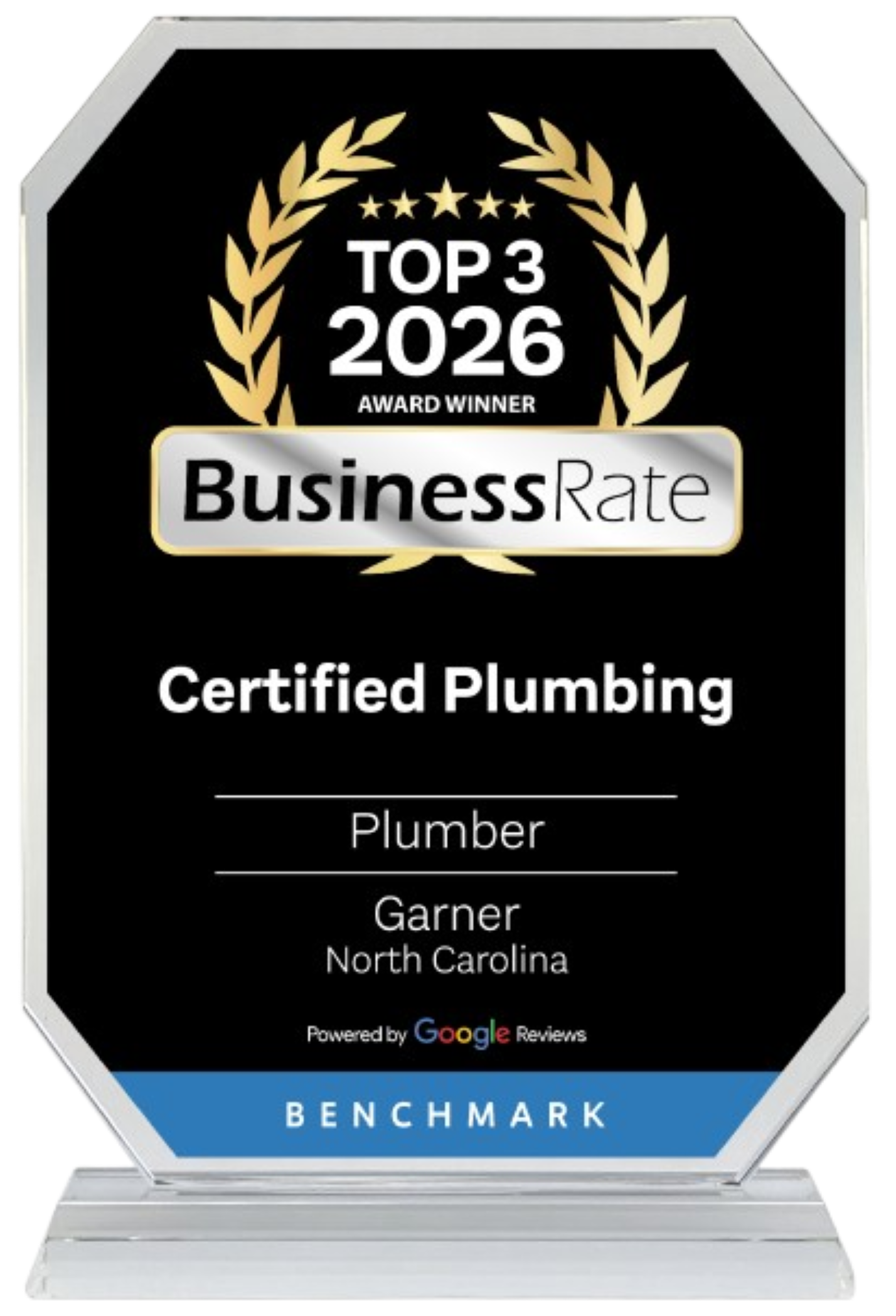 BusinessRate Top 3 2026 award plaque for Certified Plumbing, Plumber Garner, North Carolina.