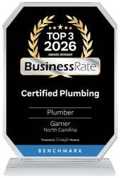 BusinessRate Top 3 2026 award plaque for Certified Plumbing, Plumber Garner, North Carolina.