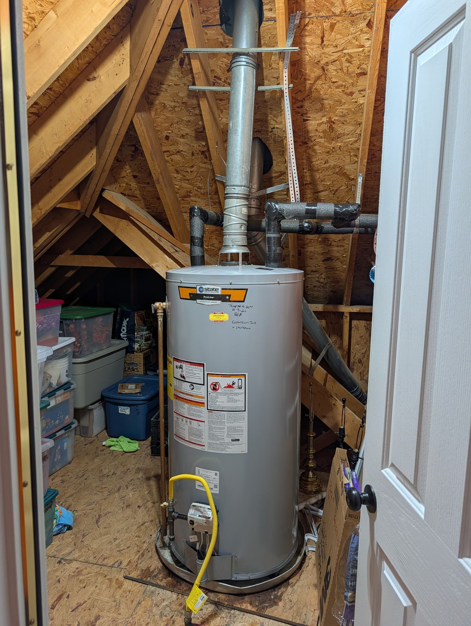 Water heater in an attic with exposed insulation, vent pipes, and a white door nearby.