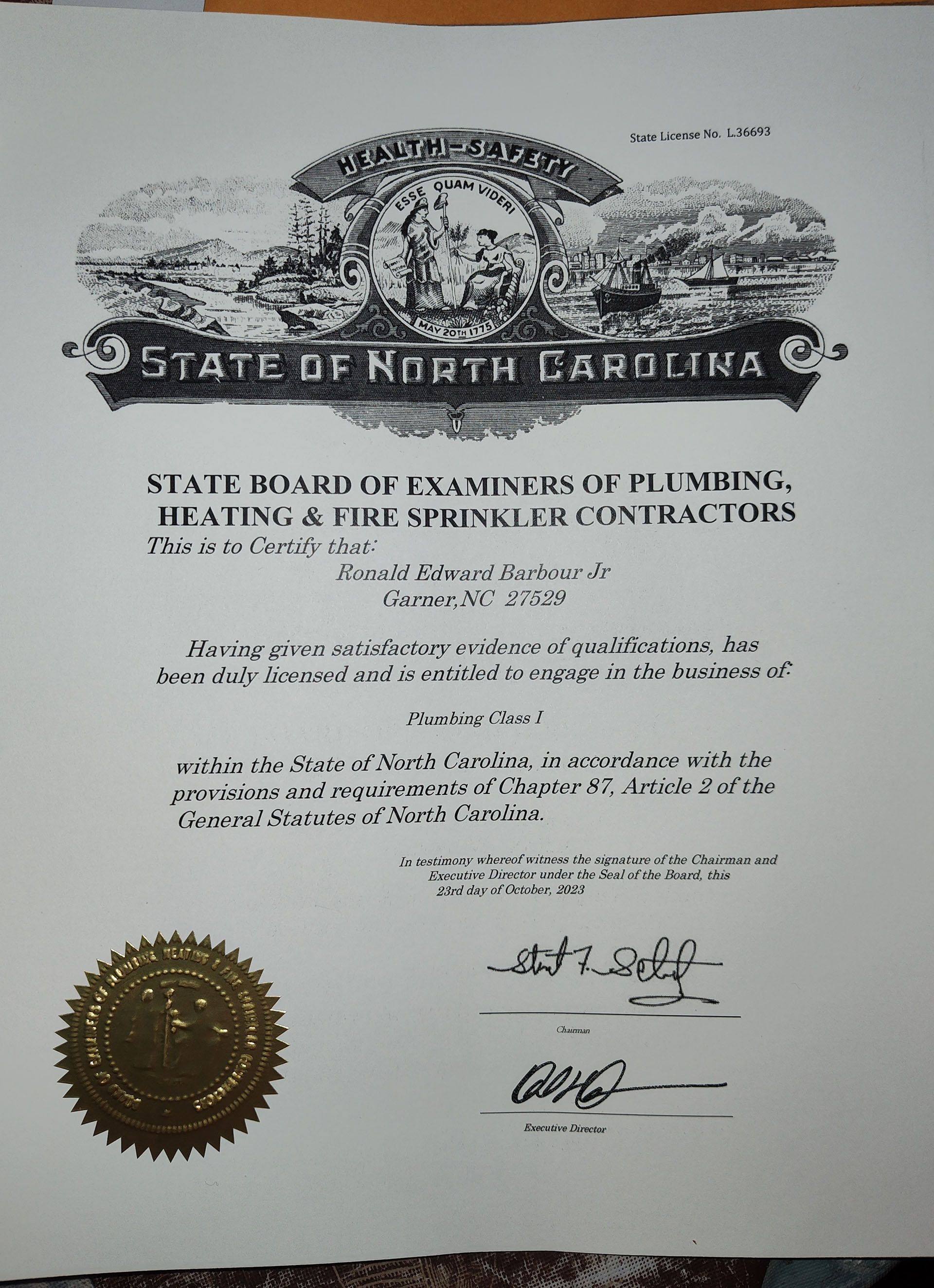 North Carolina contractor license. Official seal and text: State Board of Examiners of Plumbing, Heating & Fire Sprinkler Contractors.