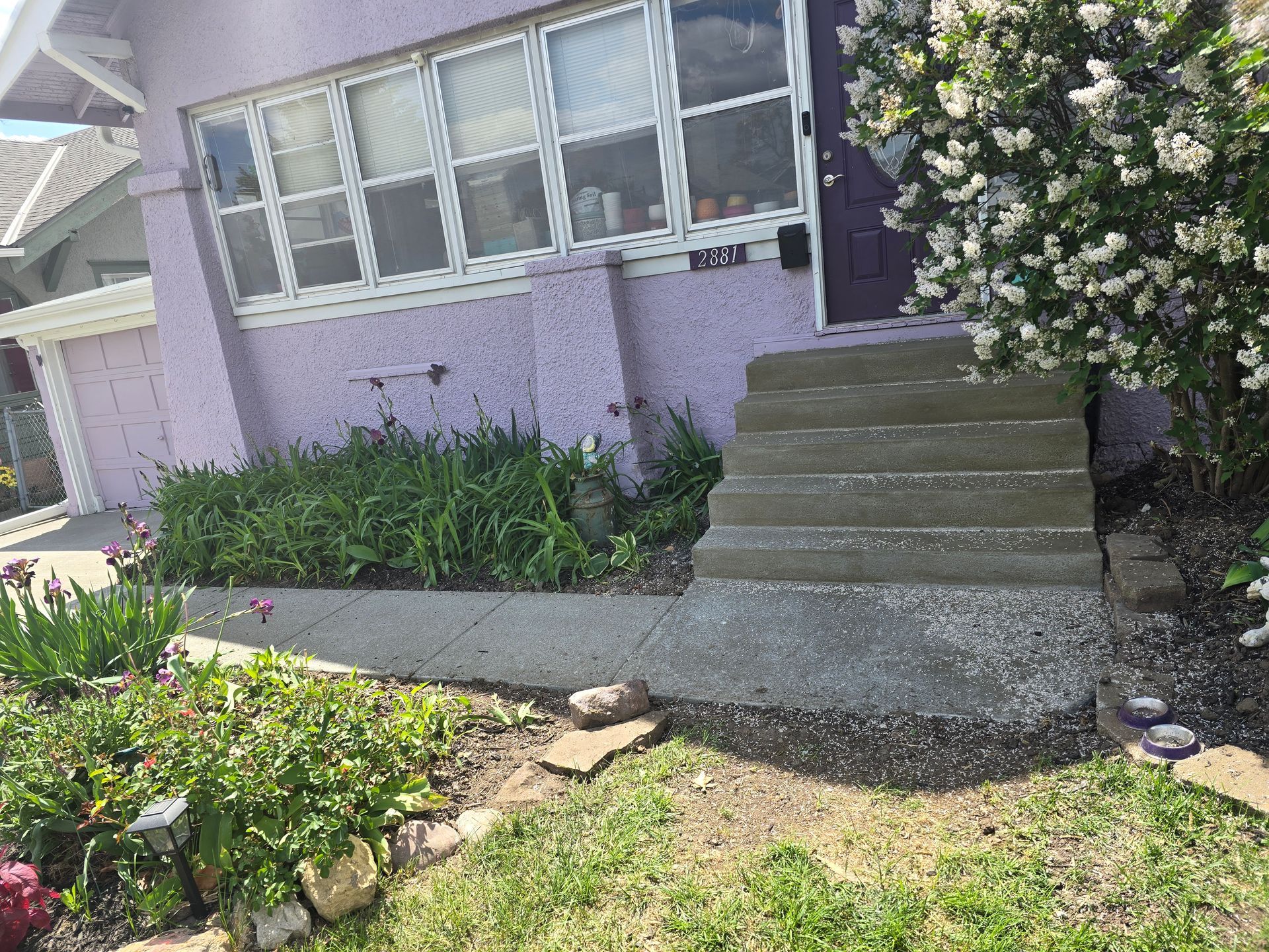 Exterior of a lavender house with concrete steps leading to a door. Green foliage and flower beds in front.