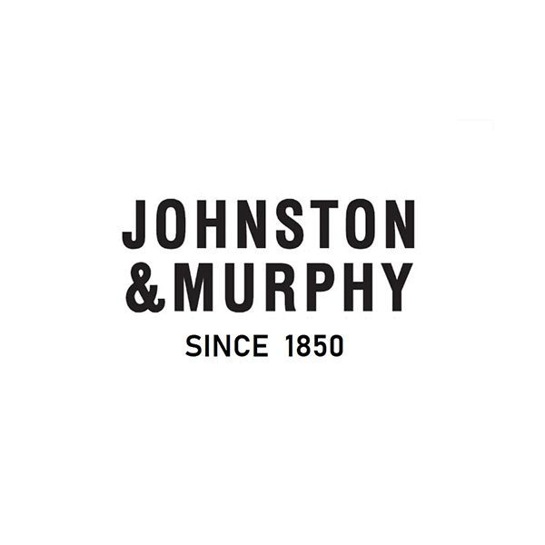 The johnston & murphy logo is black and white and says johnston & murphy since 1850.