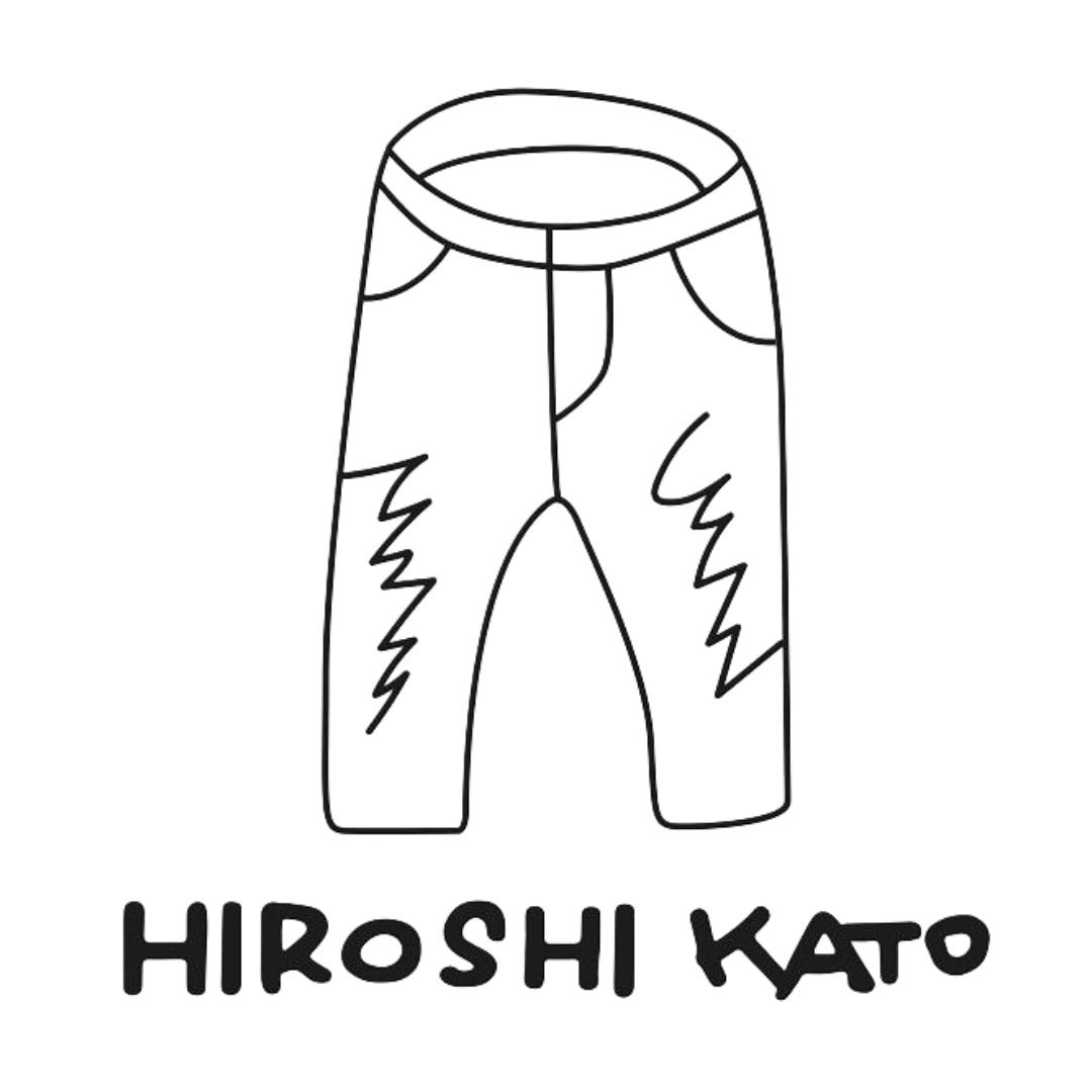 A black and white drawing of a pair of jeans with the name hiroshi kato below it.