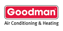 The logo for goodman air conditioning and heating is red and white.