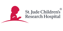 The logo for st. jude children 's research hospital shows a silhouette of a child.