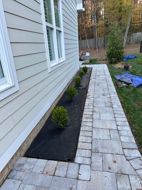 Stone walkway beside house with fresh black mulch and small shrubs along the foundation