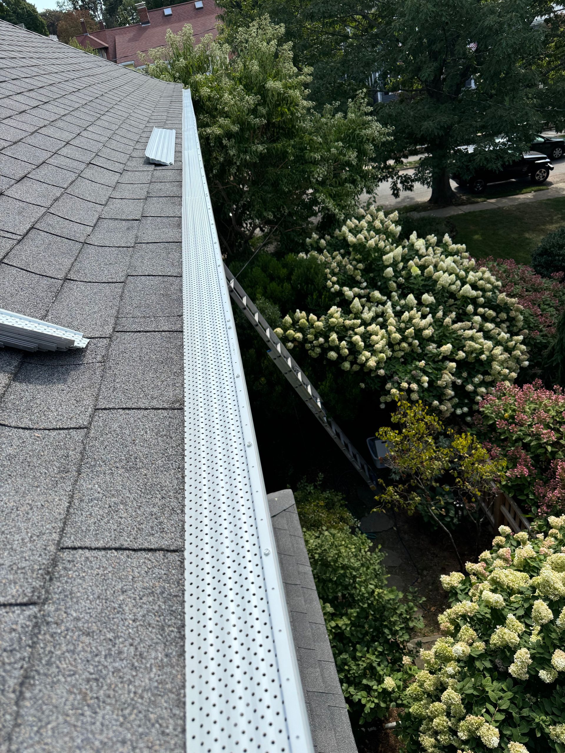 A close up of a gutter on a roof with trees in the background.