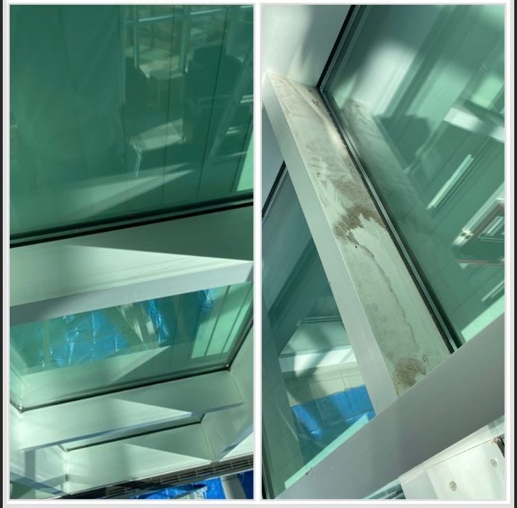 A collage of two pictures of a building with a green window.