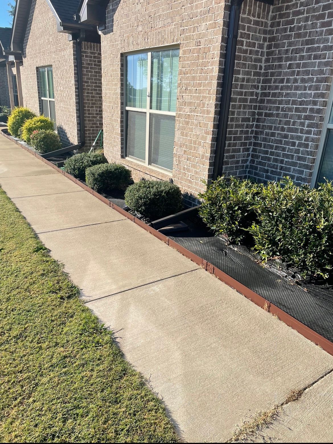 A sidewalk leading to a brick building with bushes and shrubs along the side of it