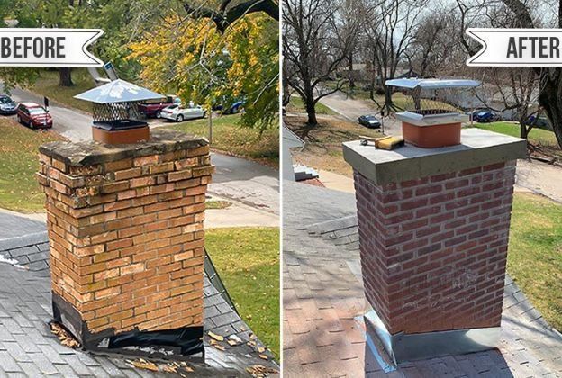 A before and after picture of a brick chimney on a roof.
