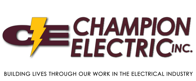 Champion Electric Inc. logo with maroon circle, yellow lightning bolt, and Riverside, CA text