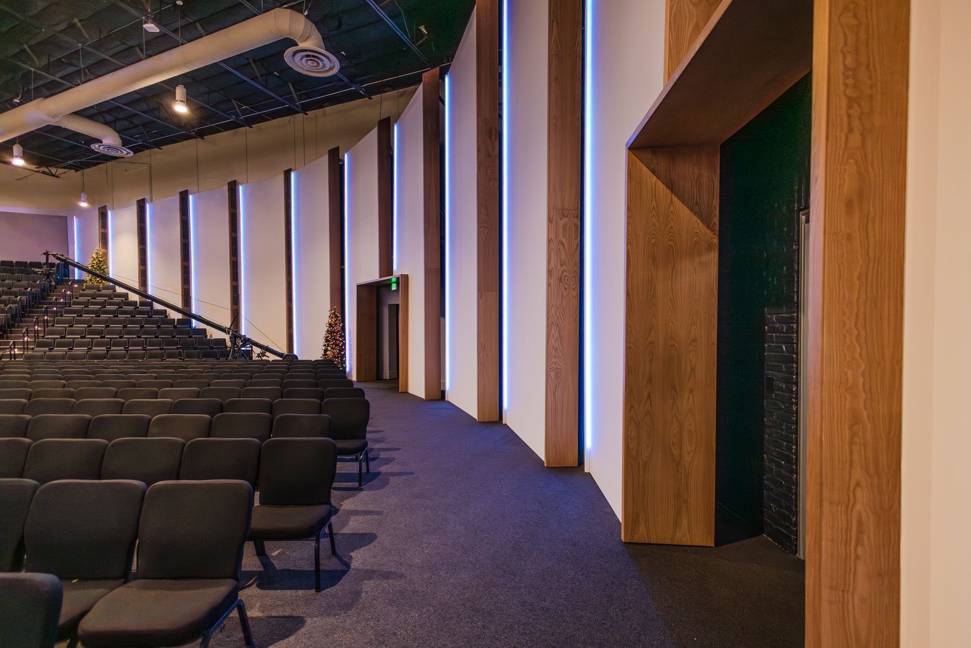 Empty theater auditorium with rows of dark seats, wood-paneled walls, and vertical light panels