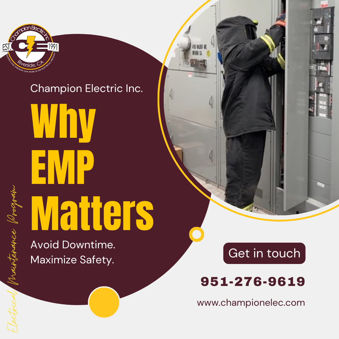 Champion Electric ad with worker at electrical panel and text “Why EMP Matters” on maroon and yellow background