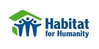 Habitat for Humanity logo with green roof and blue text, plus three blue human figures