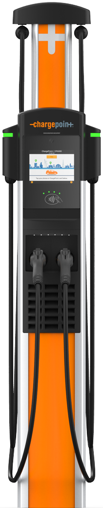 Orange-and-black electric vehicle charging station with two cable connectors on a black stand.