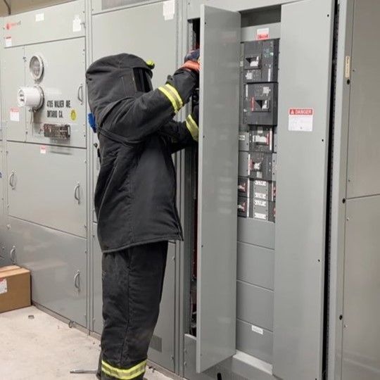 Worker in black protective gear opening an electrical control panel in a utility room.