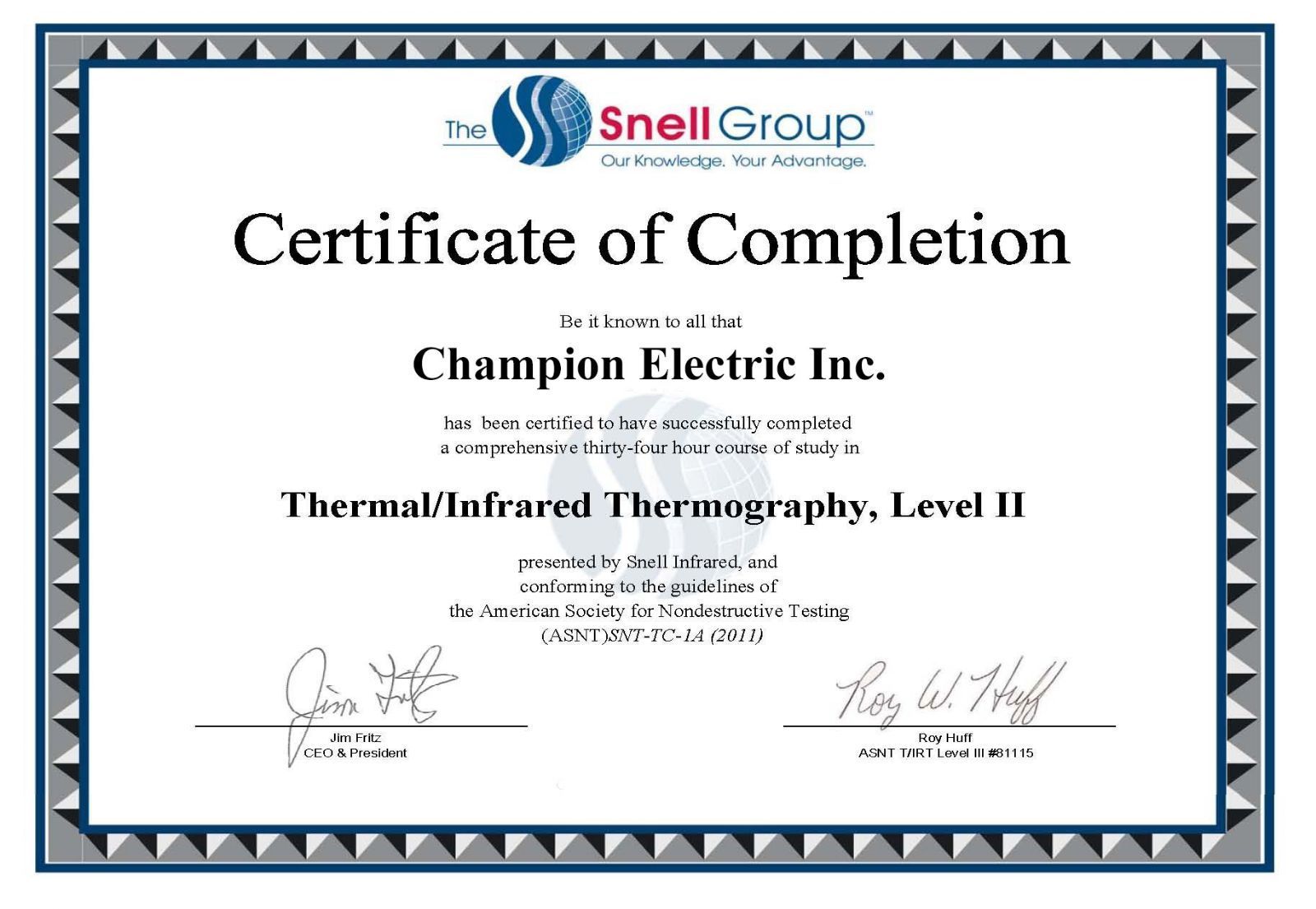 Certificate of Completion from Snell Group for Champion Electric Inc. in thermal/infrared thermography, Level II