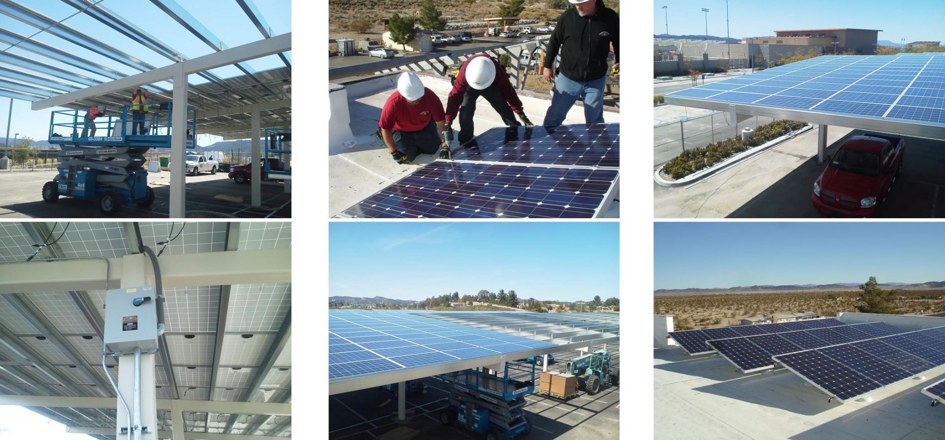Workers installing solar panels on a rooftop under a blue sky, with wide views of the roof and city skyline
