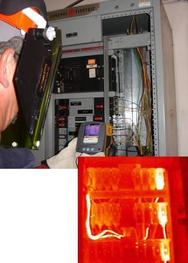 Worker inspecting electrical panel with a thermal camera; inset shows a bright orange heat map.