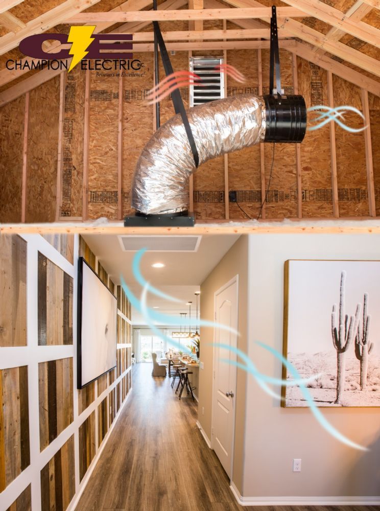 Attic HVAC duct above a hallway leading into a bright modern interior corridor