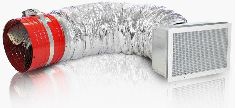 Flexible silver ventilation duct with red connector attached to a white air vent grille