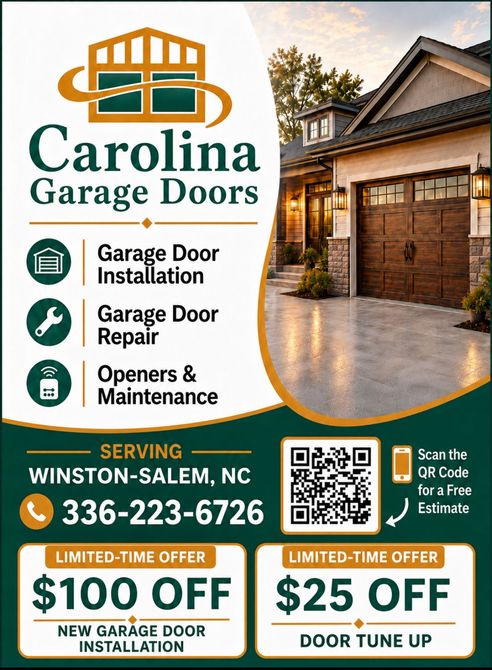 Carolina Garage Doors ad with garage door repair services, Winston-Salem NC, $100 and $25 off offers